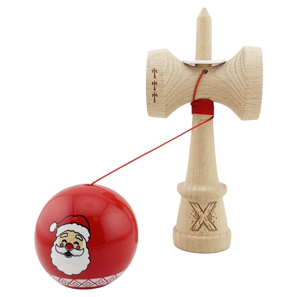 Kendama X Originala, Profesionala, Vivimall, Christmas Edition, Super Sticky cu Cupe Mari KING SIZE V3, Rulment Metalic si Gaura in Baza, din Lemn 18 cm, Ata 55 cm, Rosu Mos Craciun - vivimall.ro