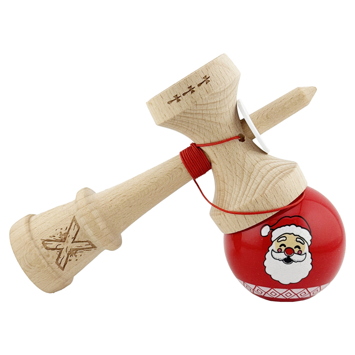 Kendama X Originala, Profesionala, Vivimall, Christmas Edition, Super Sticky cu Cupe Mari KING SIZE V3, Rulment Metalic si Gaura in Baza, din Lemn 18 cm, Ata 55 cm, Rosu Mos Craciun - vivimall.ro