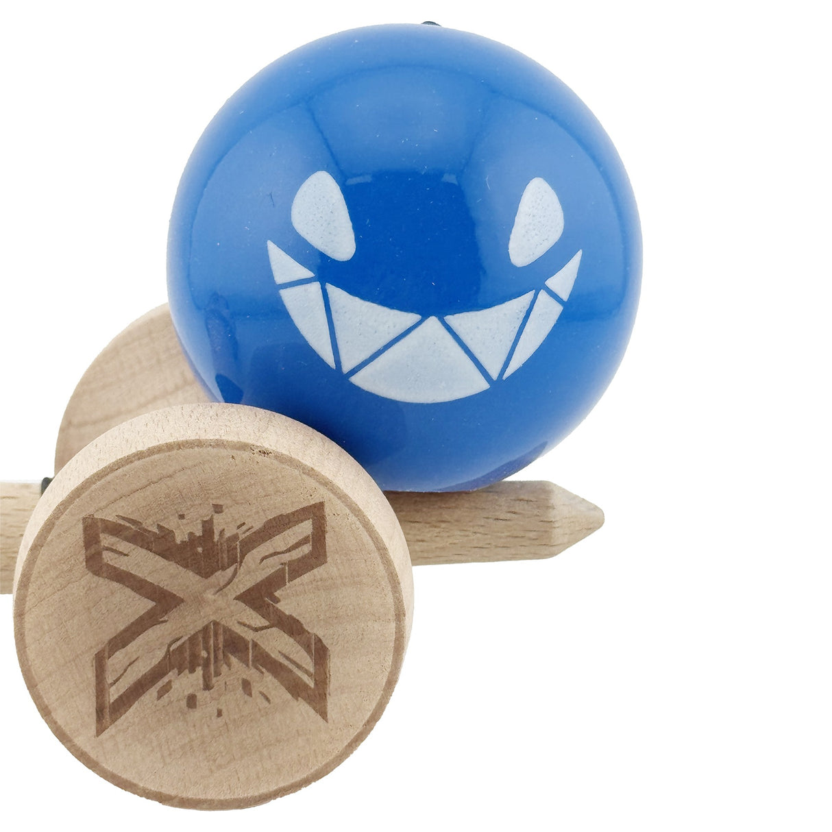 Kendama X Originala, Profesionala, Flippy, Crazy Smile, Super Sticky cu Cupe Mari KING SIZE V3, Gaura in Baza, Rulment Metalic, din lemn 18 cm, Ata 62/65 cm, Special Albastru - vivimall.ro