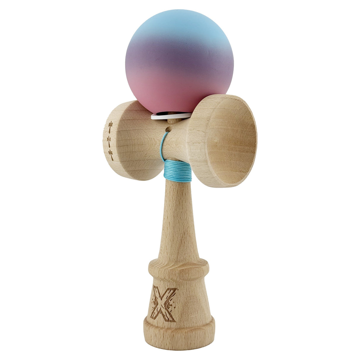 Kendama X Originala, Profesionala, Vivimall, Cupe Mari KING SIZE V3, Rubber Grip, Gaura in Baza, Rulment Metalic, din lemn 18 cm, Ata 55 cm, Gradient Albastru deschis/Mov/Roz - vivimall.ro
