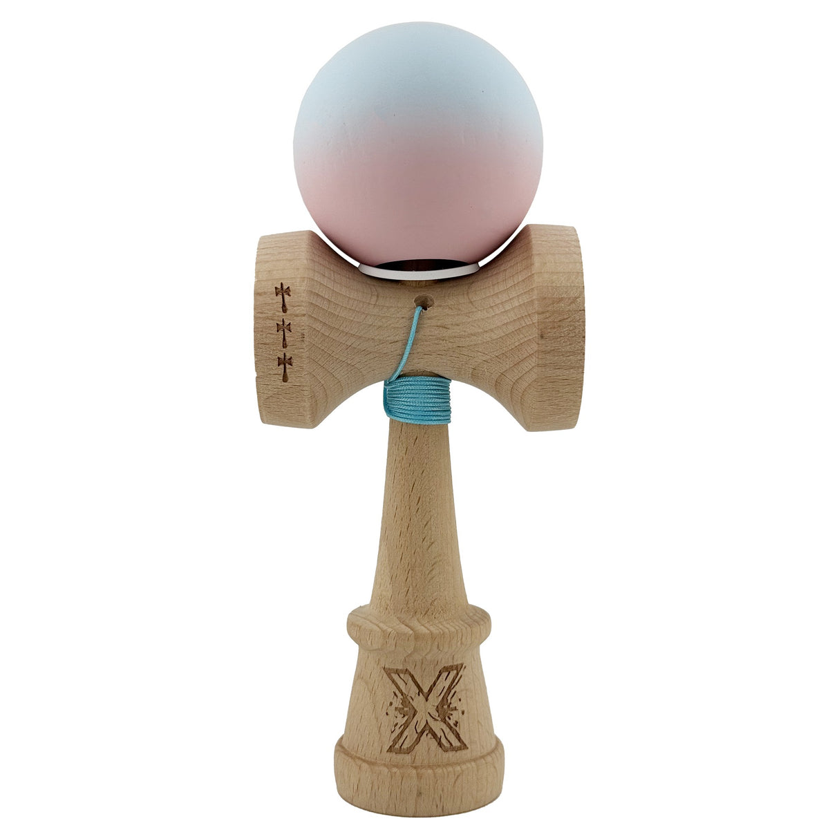 Kendama X Originala, Profesionala, Vivimall, Cupe Mari KING SIZE V3, Rubber Grip, Gaura in Baza, Rulment Metalic, din lemn 18 cm, Ata 55 cm, Gradient Albastru deschis/Roz - vivimall.ro