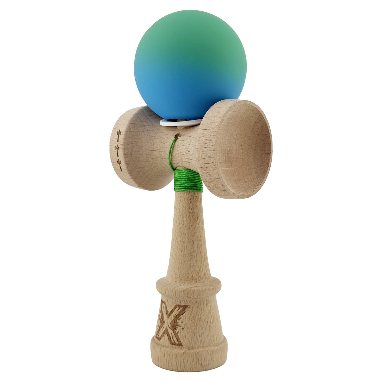 Kendama X Originala, Profesionala, Vivimall, Cupe Mari KING SIZE V3, Rubber Grip, Gaura in Baza, Rulment Metalic, din lemn 18 cm, Ata 55 cm, Gradient Verde/Albastru - vivimall.ro