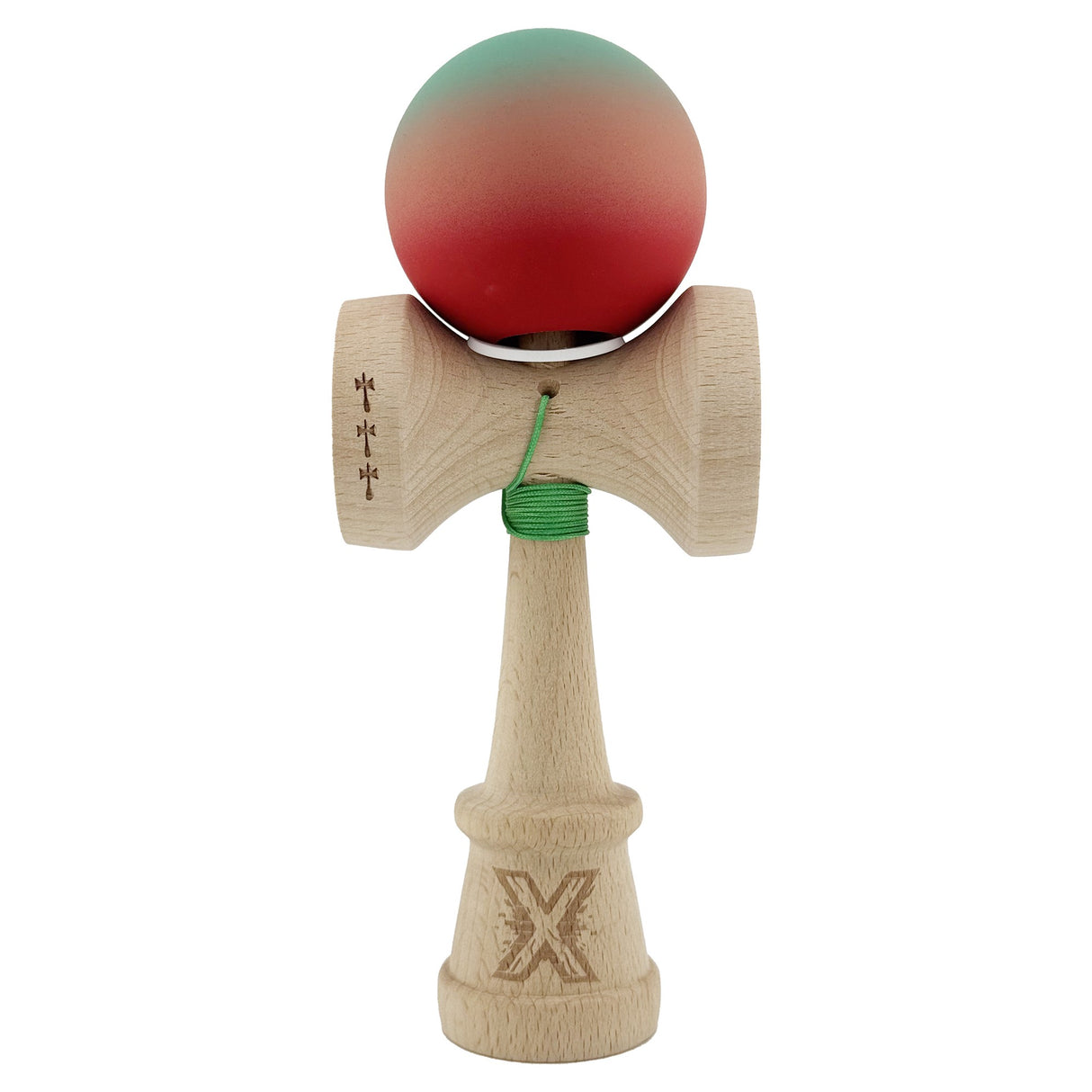 Kendama X Originala, Profesionala, Vivimall, Cupe Mari KING SIZE V3, Rubber Grip, Gaura in Baza, Rulment Metalic, din lemn 18 cm, Ata 55 cm, Gradient Verde/Roz/Rosu - vivimall.ro