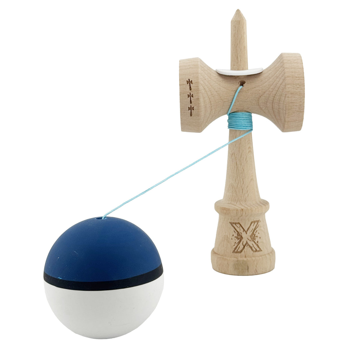 Kendama X Originala, Profesionala, Vivimall, Big Cups V3, Rubber Grip model albastru inchis/alb - vivimall.ro