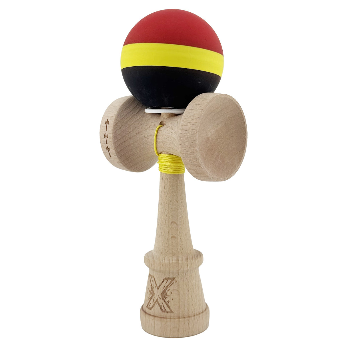 Kendama X Originala, Profesionala, Vivimall, Cupe Mari KING SIZE V3, Rubber Grip, Gaura in Baza, Rulment Metalic, din lemn 18 cm, Ata 55 cm, M Rosu/Galben/Negru - vivimall.ro