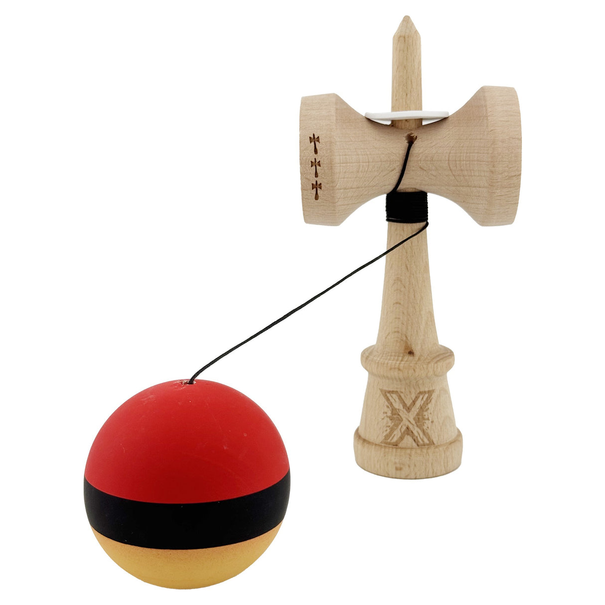 Kendama X Originala, Profesionala, Vivimall, Big Cups V3, Rubber Grip model rosu/negru/galben - vivimall.ro