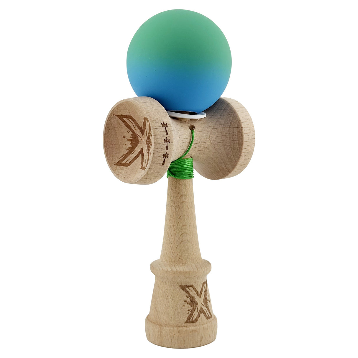 Kendama X Originala, Profesionala, Vivimall, Cupe Mari KING SIZE V3, Rubber Grip, Gaura in Baza, Rulment Metalic, din lemn 18 cm, Ata 55 cm, Gradient Verde/Albastru - vivimall.ro