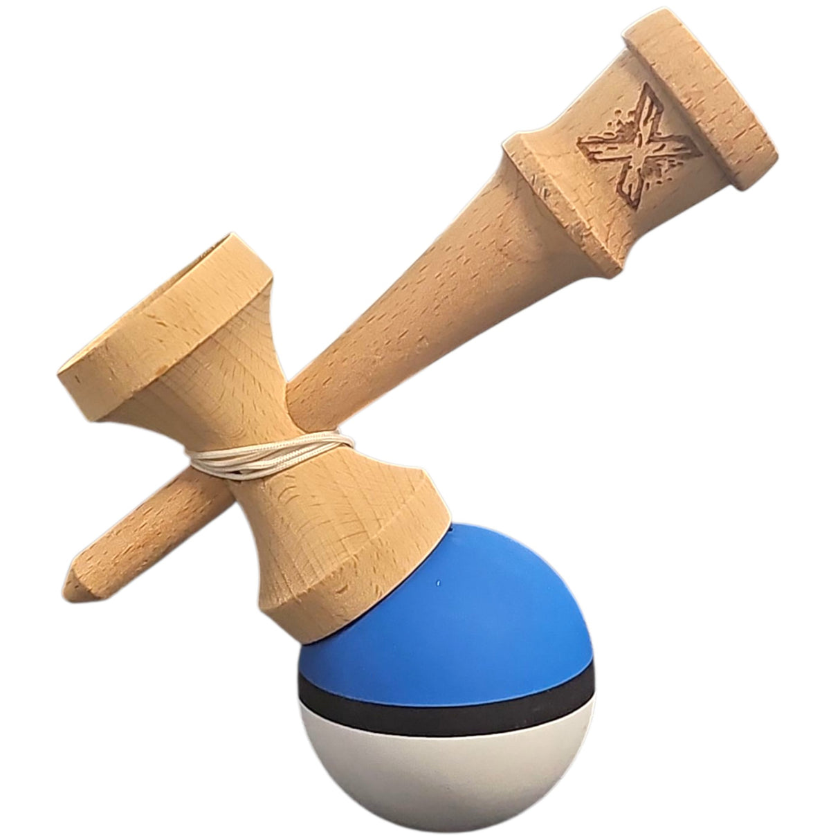 Kendama X Originala, Profesionala, Vivimall, din Lemn, 18 cm, Rubber Grip, Albastru/Negru/Alb - vivimall.ro
