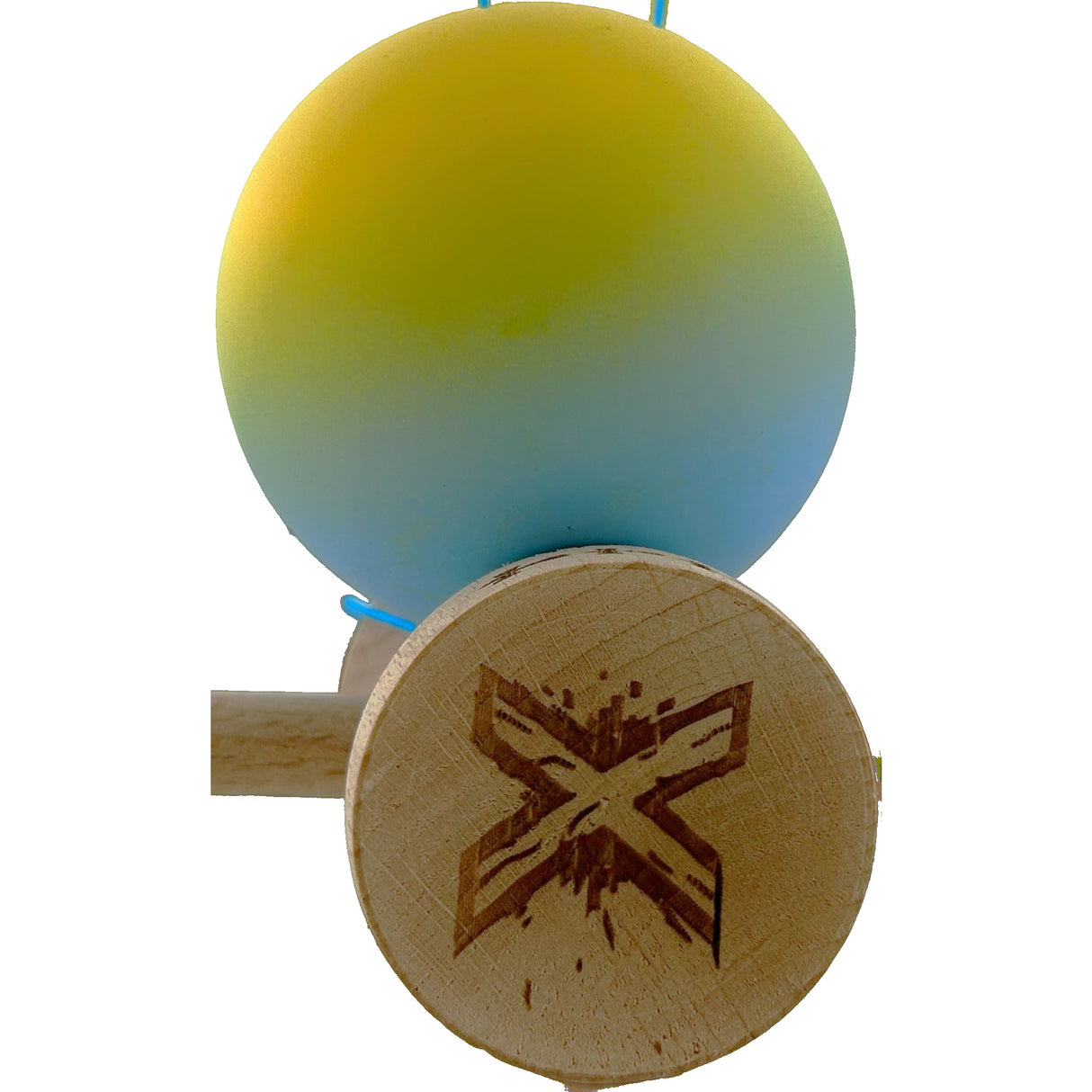 Kendama X Originala, Profesionala, Vivimall, Big Cups V2, Rubber Grip cu Cupe Mari, Rulment Metalic cu Ata 55 cm,-Gradient Galben/Albastru - vivimall.ro