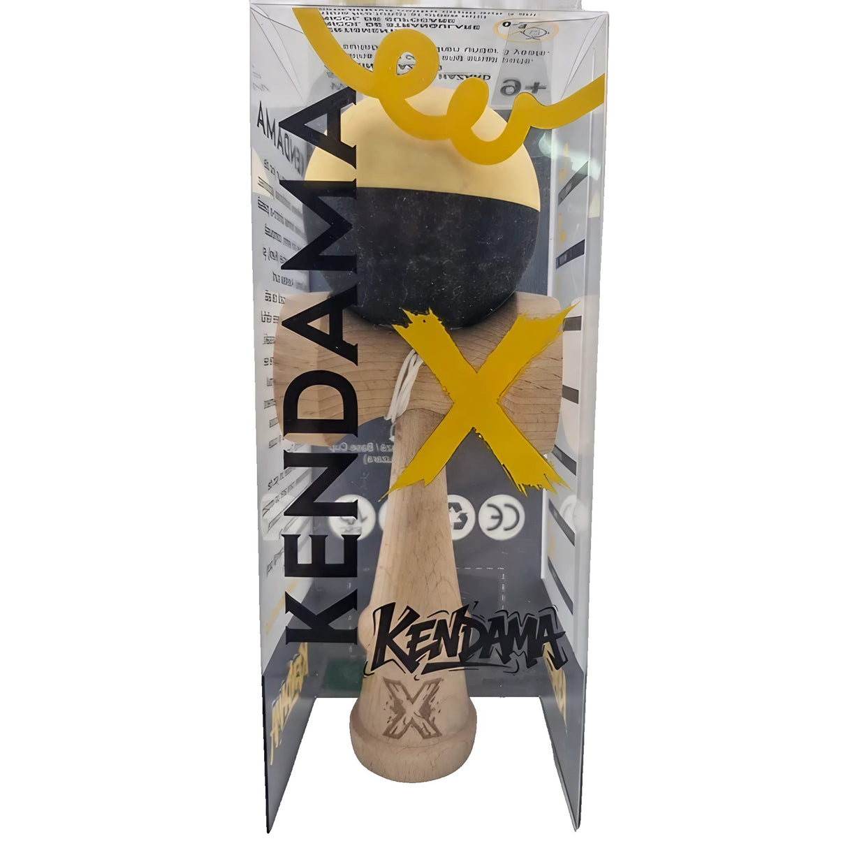 Kendama X Originala, Profesionala, Vivimall, din Lemn, Rubber Grip, 18 cm, Galben/Negru - vivimall.ro