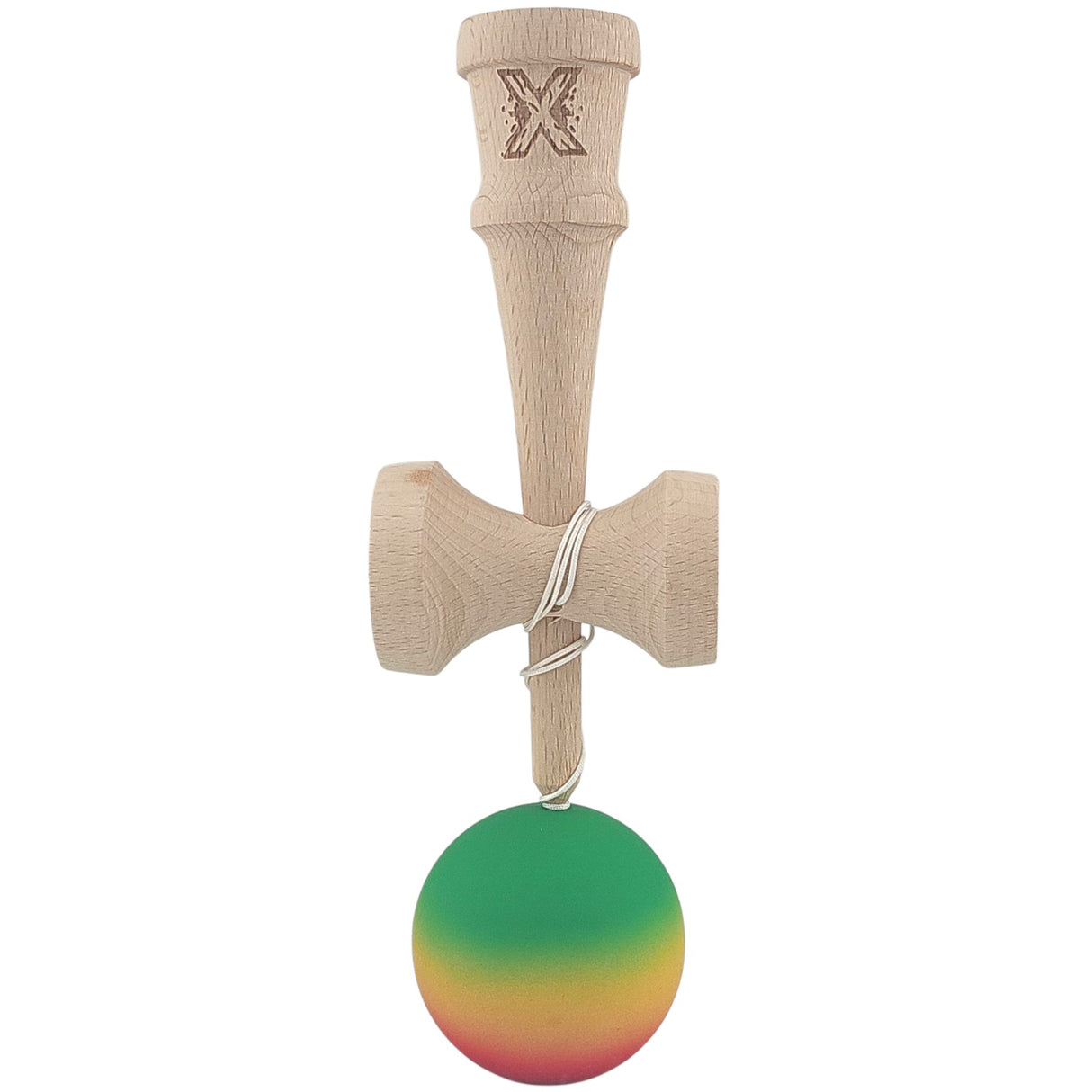 Kendama X Originala, Profesionala, Vivimall, din Lemn, Rubber Grip, 18 cm, Gradient Verde/Galben/Rosu - vivimall.ro