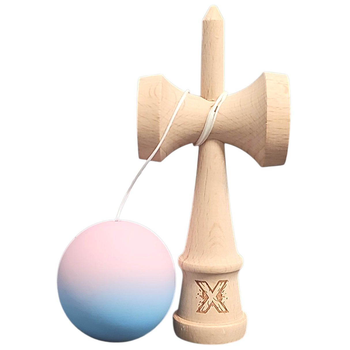 Kendama X Originala, Profesionala, Vivimall, din Lemn, Rubber Grip, 18 cm, Lila/Turcoaz - vivimall.ro