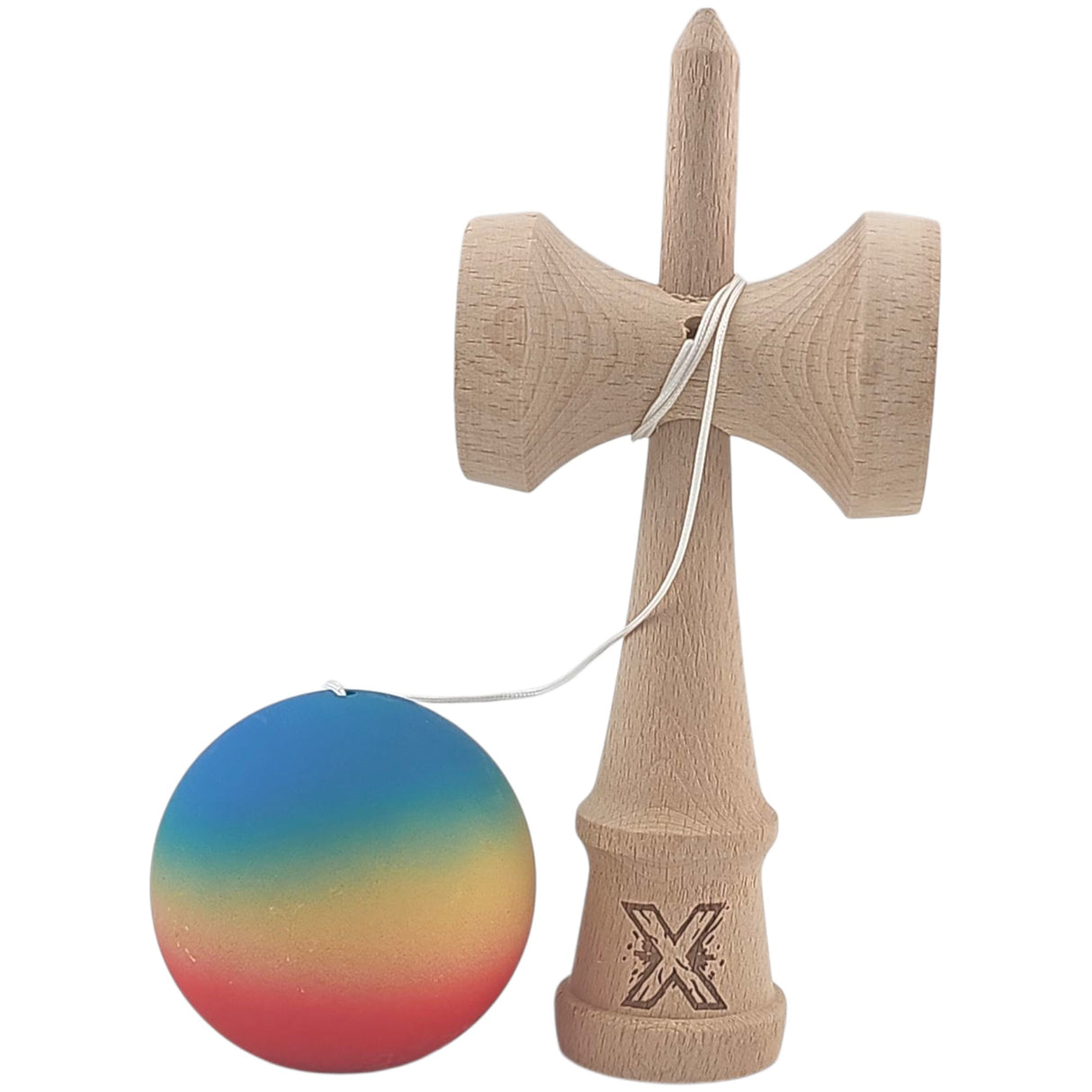 Kendama X Originala, Profesionala, Vivimall, din Lemn, Rubber Grip, 18 cm, Rosu/Galben/Albastru - vivimall.ro