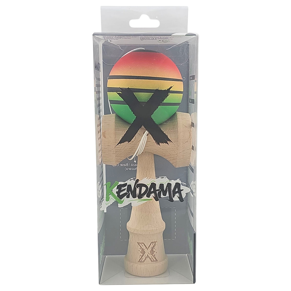 Kendama X Originala, Profesionala, Flippy, din Lemn, Rubber Grip, 18 cm, Rosu/Galben/Verde