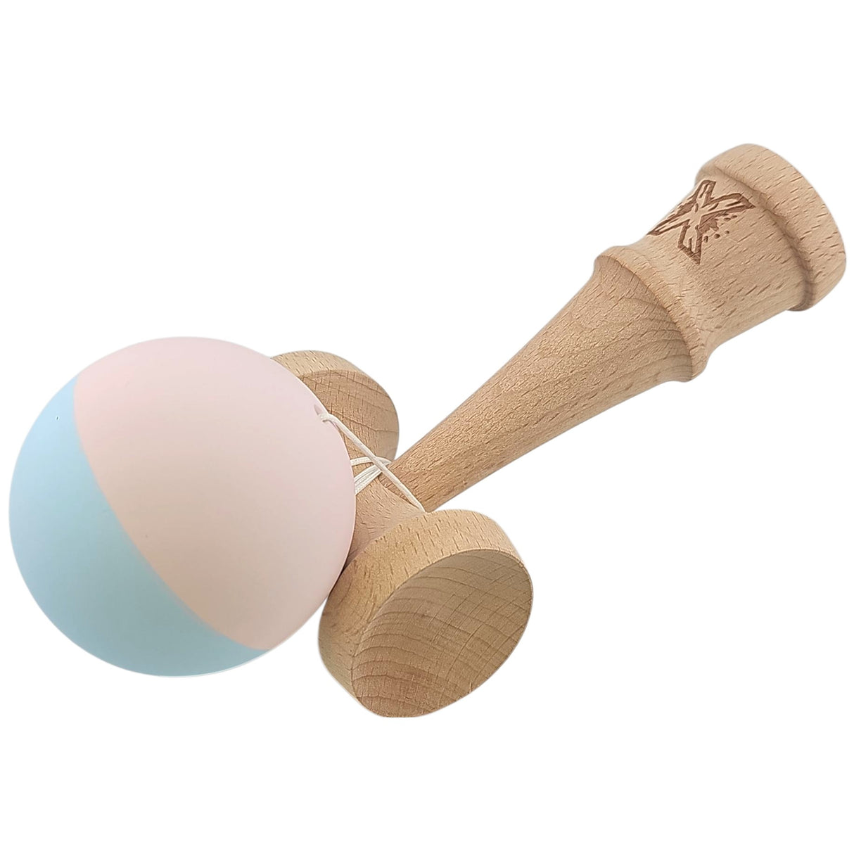 Kendama X Originala, Profesionala, Flippy, din lemn, Rubber Grip, 18 cm, Roz/Albastru - vivimall.ro