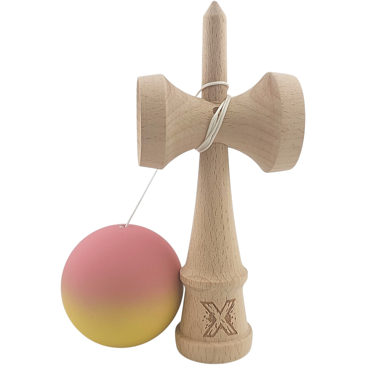 Kendama X Originala, Profesionala, Vivimall, din Lemn, Rubber Grip, 18 cm, Roz/Galben - vivimall.ro