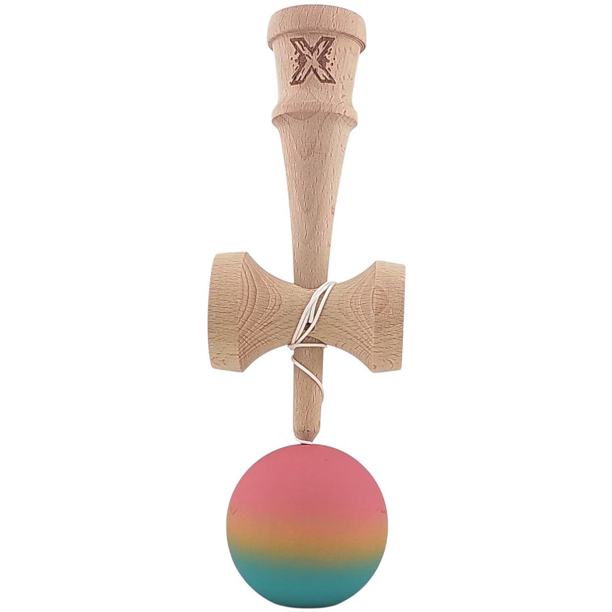 Kendama X Originala, Profesionala, Vivimall, din Lemn, Rubber Grip, 18 cm, Roz/Galben/Albastru - vivimall.ro