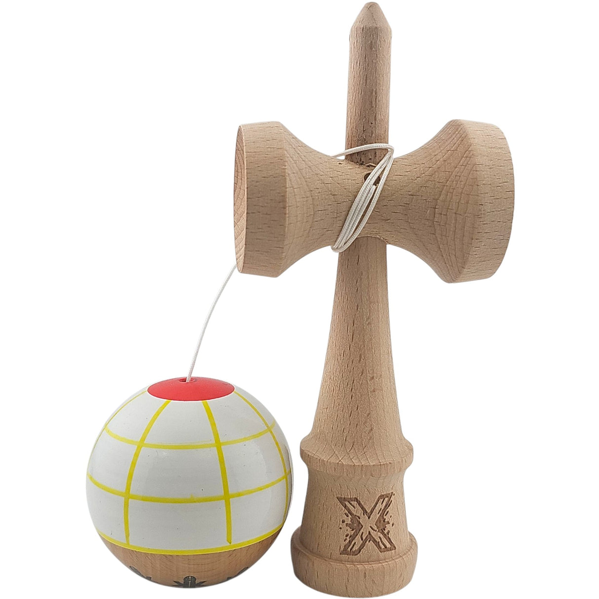 Kendama X Originala, Profesionala, Vivimall, din Lemn, Super Sticky, 18 cm, Alb/Galben/Rosu - vivimall.ro