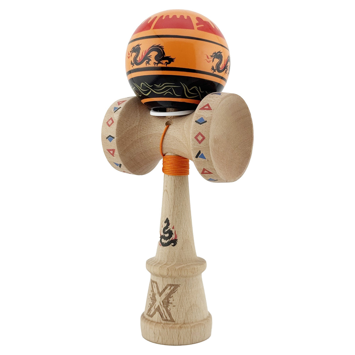 Kendama X Originala, Profesionala, Vivimall, DRAGON Series, Super Sticky cu Cupe Mari King Size V3, Rulment Metalic si Gaura in Baza, din Lemn 18 cm, Ata 55 cm, Portocaliu/Negru - vivimall.ro