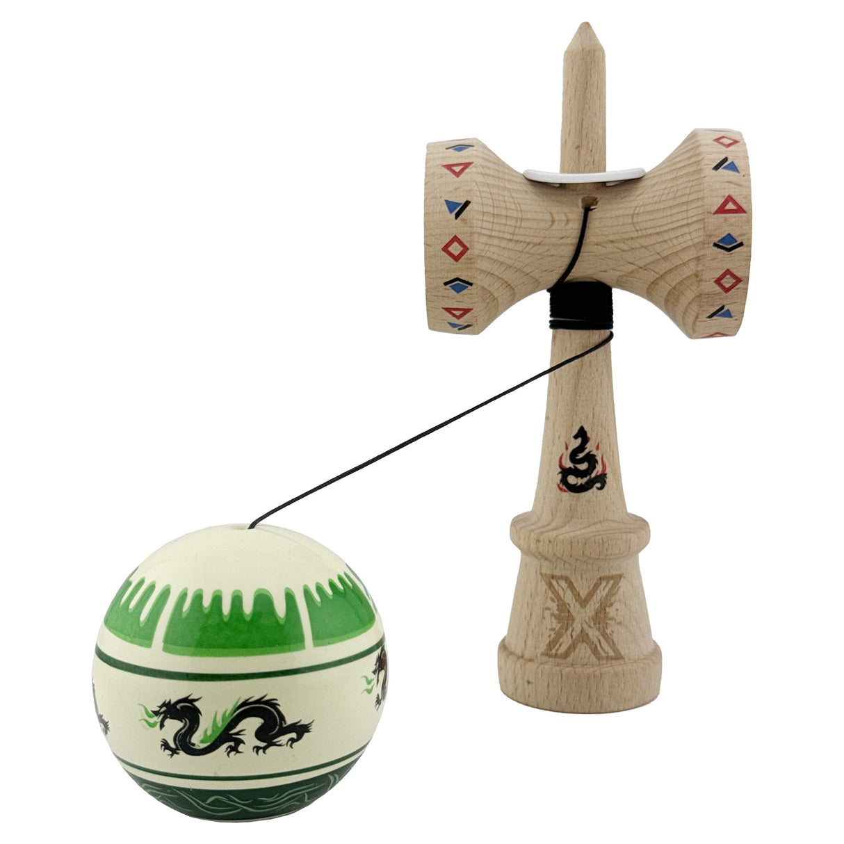 Kendama X Originala, Profesionala, Vivimall, DRAGON Series, Super Sticky cu Cupe Mari King Size V3, Rulment Metalic si Gaura in Baza, din Lemn 18 cm, Ata 55 cm, Verde deschis/Negru - vivimall.ro