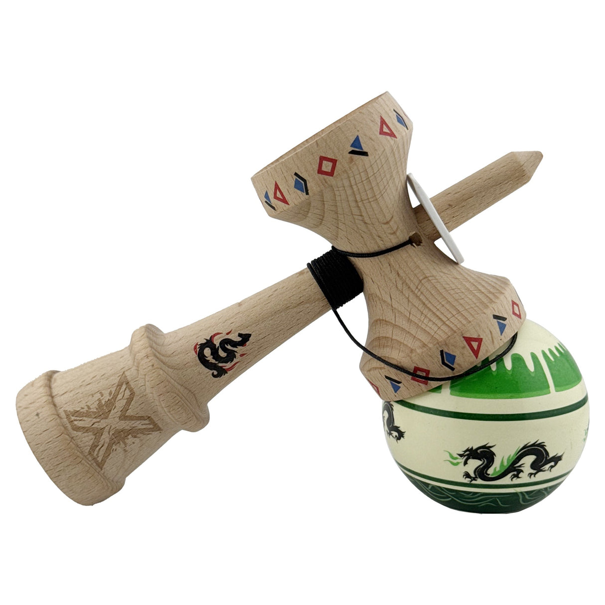 Kendama X Originala, Profesionala, Vivimall, DRAGON Series, Super Sticky cu Cupe Mari King Size V3, Rulment Metalic si Gaura in Baza, din Lemn 18 cm, Ata 55 cm, Verde deschis/Negru - vivimall.ro