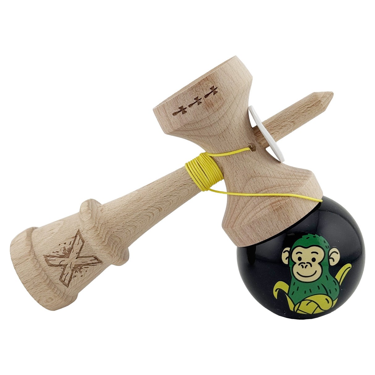Kendama X Originala, Profesionala, Vivimall, Green Monkey, Super Sticky cu Cupe Mari King Size V3, Rulment Metalic si Gaura in Baza, din Lemn 18 cm, Ata 55 cm, Negru - vivimall.ro