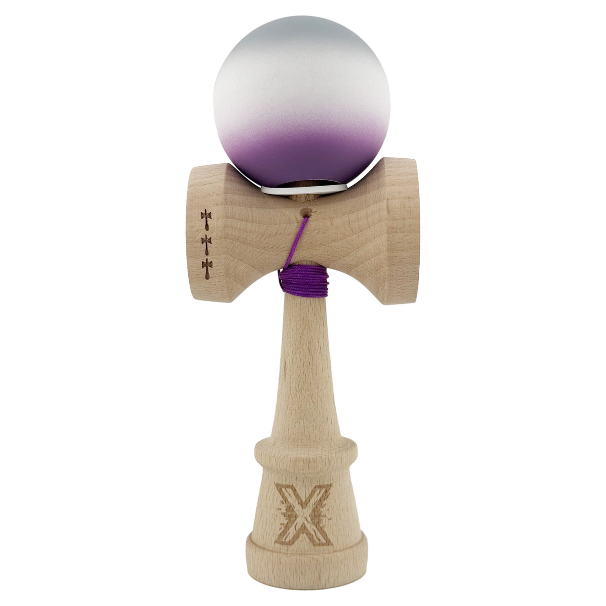 Kendama X Originala, Profesionala, Flippy, Rubber Grip, Cupe Mari KING SIZE V3, Gaura in Baza, Rulment Metalic, din lemn 18 cm, Ata 62/65 cm, Gradient Gri/Alb/Mov - vivimall.ro
