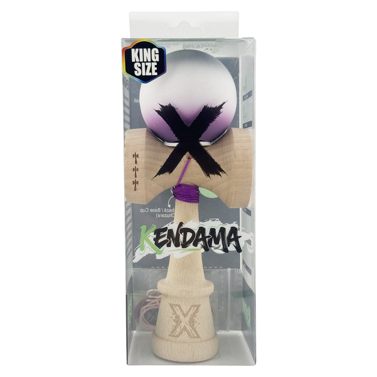 Kendama X Originala, Profesionala, Flippy, Rubber Grip, Cupe Mari KING SIZE V3, Gaura in Baza, Rulment Metalic, din lemn 18 cm, Ata 62/65 cm, Gradient Gri/Alb/Mov - vivimall.ro