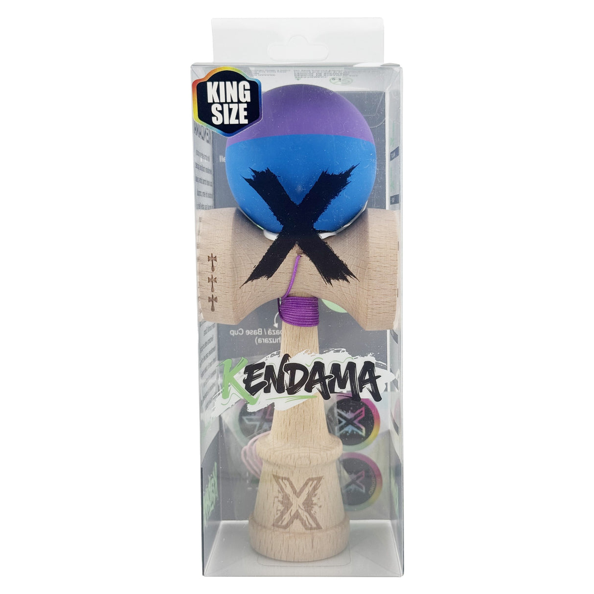 Kendama X Originala, Profesionala, Vivimall, Rubber Grip, Cupe Mari KING SIZE V3, Gaura in Baza, Rulment Metalic, din lemn 18 cm, Ata 55 cm, Bicolor Mov/Albastru - vivimall.ro