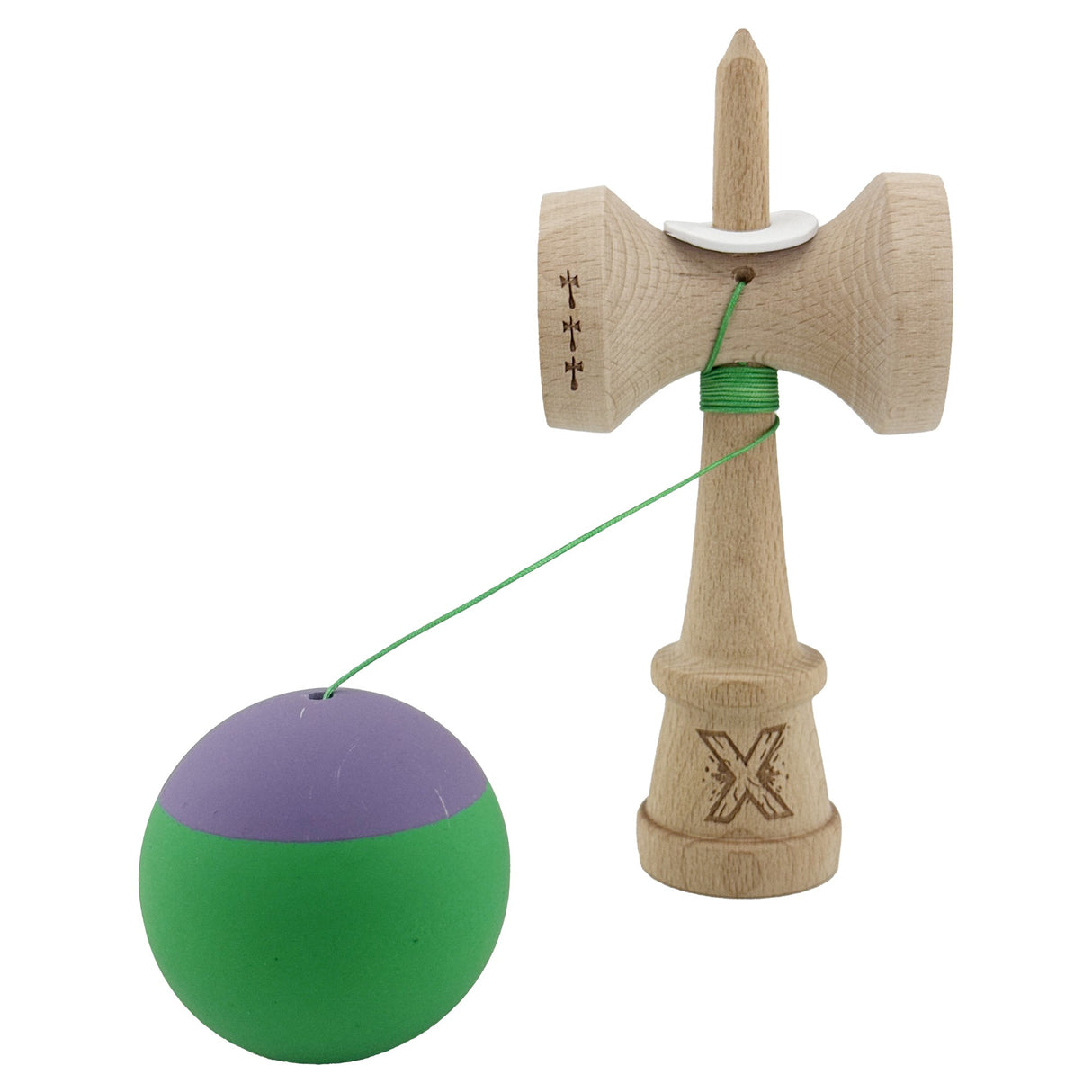 Kendama X Originala, Profesionala, Vivimall, Rubber Grip, Cupe Mari KING SIZE V3, Gaura in Baza, Rulment Metalic, din lemn 18 cm, Ata 55 cm, Bicolor Mov/Verde - vivimall.ro