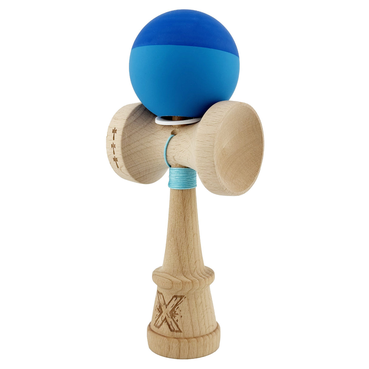 Kendama X Originala, Profesionala, Vivimall, Rubber Grip, Cupe Mari KING SIZE V3, Gaura in Baza, Rulment Metalic, din lemn 18 cm, Ata 55 cm, Bicolor Albastru/Albastru deschis - vivimall.ro