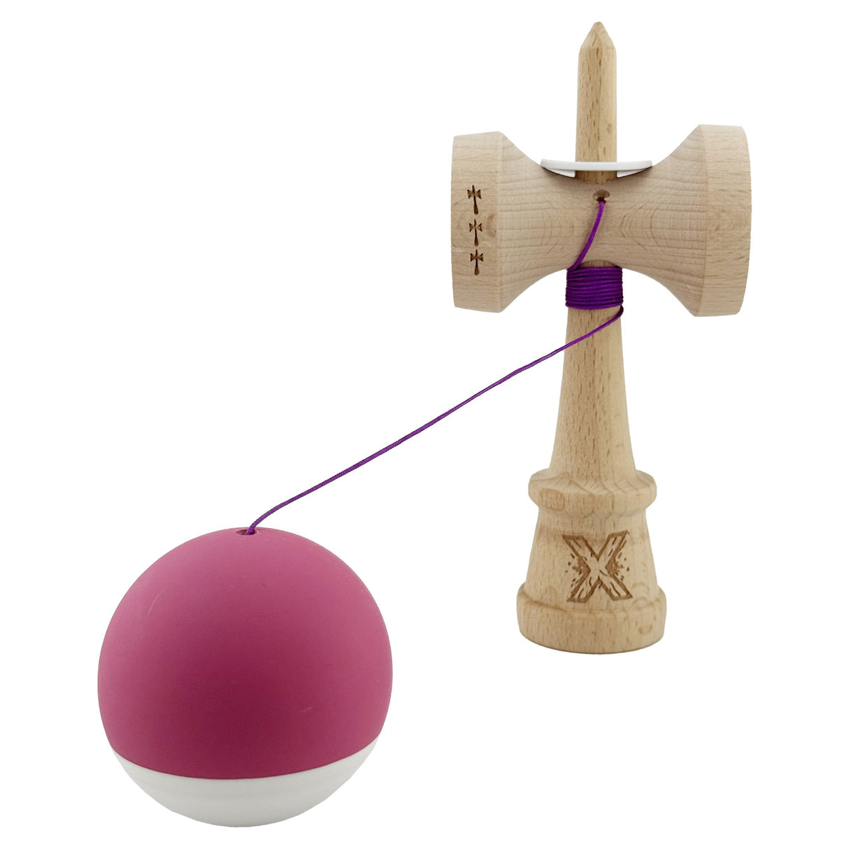 Kendama X Originala, Profesionala, Vivimall, Rubber Grip, Cupe Mari KING SIZE V3, Gaura in Baza, Rulment Metalic, din lemn 18 cm, Ata 55 cm, Bicolor Roz inchis/Alb - vivimall.ro