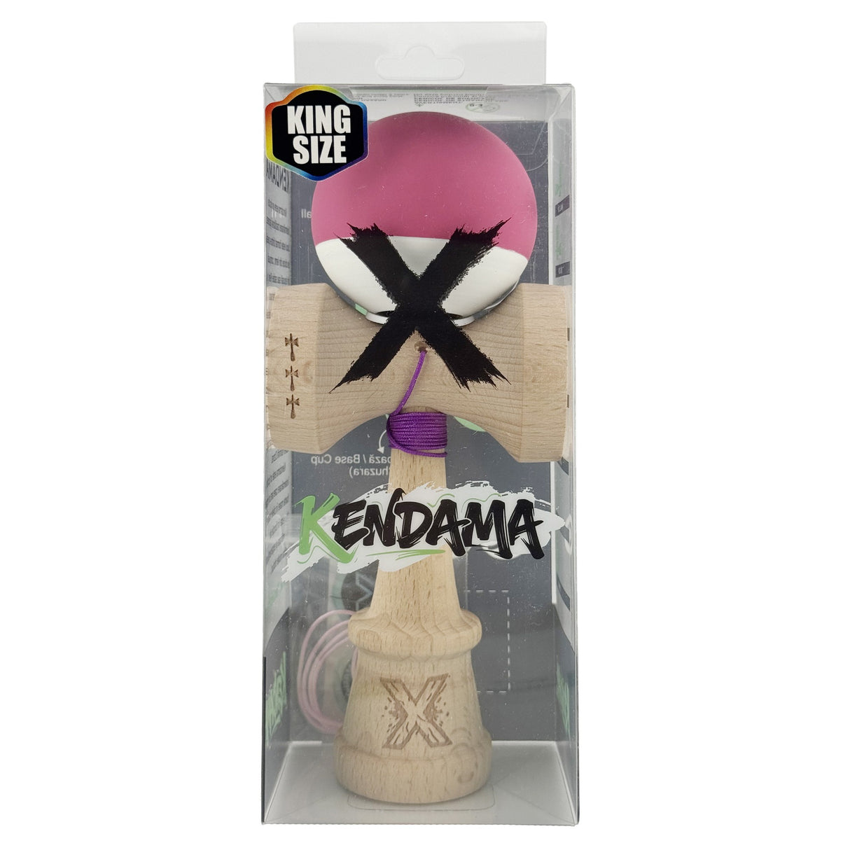Kendama X Originala, Profesionala, Vivimall, Rubber Grip, Cupe Mari KING SIZE V3, Gaura in Baza, Rulment Metalic, din lemn 18 cm, Ata 55 cm, Bicolor Roz inchis/Alb - vivimall.ro