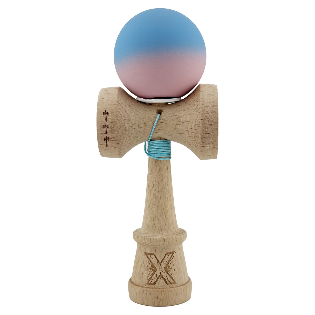 Kendama X Originala, Profesionala, Vivimall, Rubber Grip, Cupe Mari KING SIZE V3, Gaura in Baza, Rulment Metalic, din lemn 18 cm, Ata 55 cm, Gradient Albastru/Roz - vivimall.ro