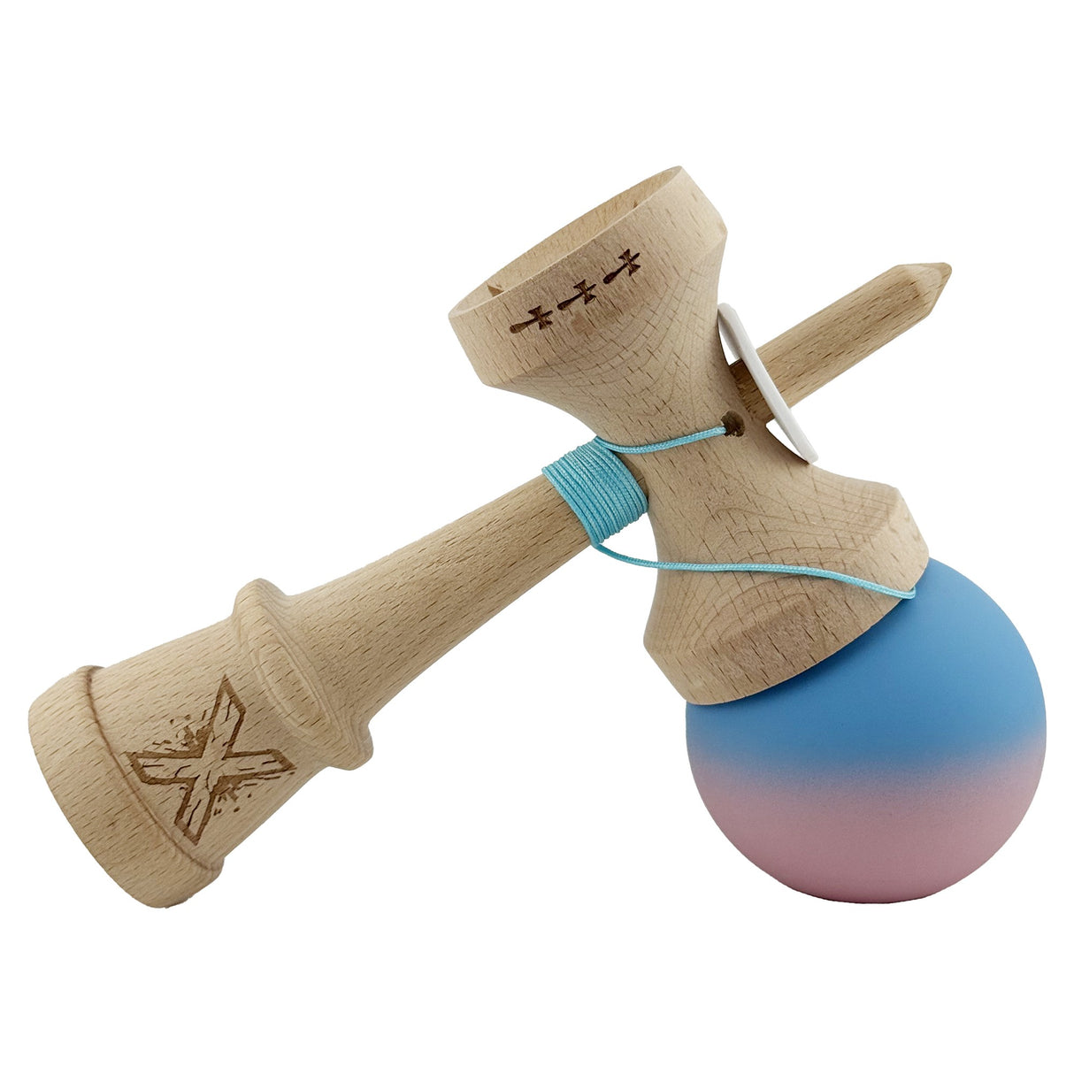 Kendama X Originala, Profesionala, Vivimall, Rubber Grip, Cupe Mari KING SIZE V3, Gaura in Baza, Rulment Metalic, din lemn 18 cm, Ata 55 cm, Gradient Albastru/Roz - vivimall.ro