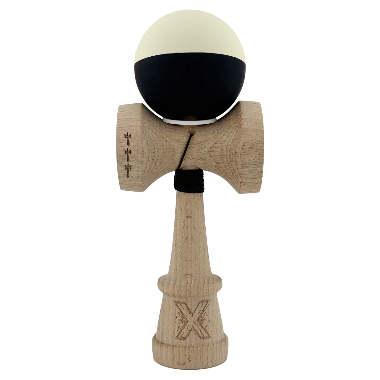 Kendama X Originala, Profesionala, Vivimall, Rubber Grip, Cupe Mari KING SIZE V3, Gaura in Baza, Rulment Metalic, din lemn 18 cm, Ata 55 cm, Bicolor Galben/Negru - vivimall.ro