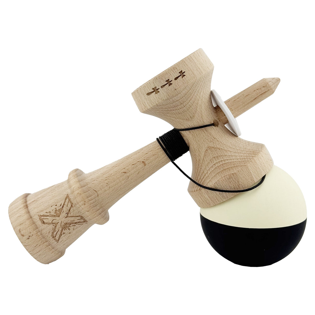 Kendama X Originala, Profesionala, Vivimall, Rubber Grip, Cupe Mari KING SIZE V3, Gaura in Baza, Rulment Metalic, din lemn 18 cm, Ata 55 cm, Bicolor Galben/Negru - vivimall.ro