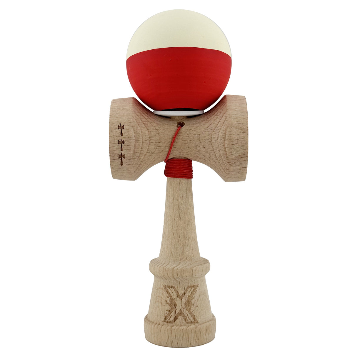 Kendama X Originala, Profesionala, Vivimall, Rubber Grip, Cupe Mari KING SIZE V3, Gaura in Baza, Rulment Metalic, din lemn 18 cm, Ata 55 cm, Bicolor Galben/Rosu - vivimall.ro