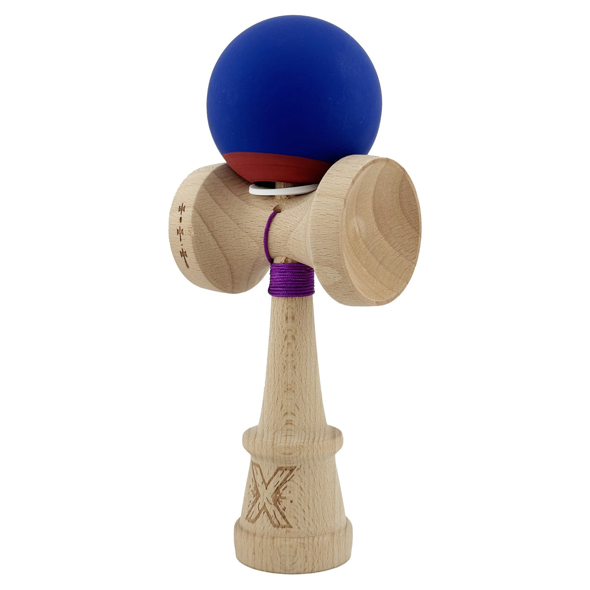 Kendama X Originala, Profesionala, Vivimall, Rubber Grip, Cupe Mari KING SIZE V3, Gaura in Baza, Rulment Metalic, din lemn 18 cm, Ata 55 cm, Bicolor Albastru inchis/Rosu - vivimall.ro