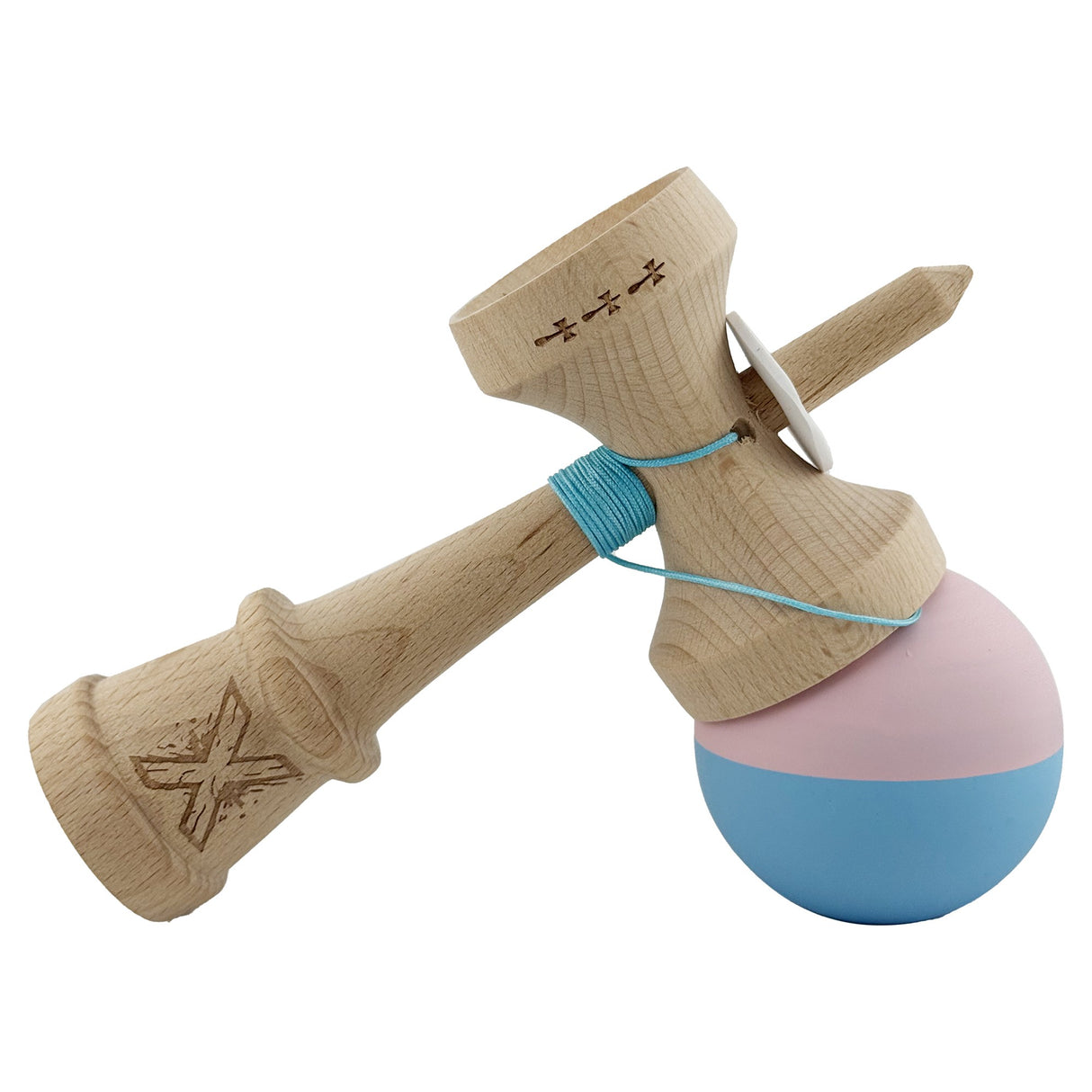 Kendama X Originala, Profesionala, Vivimall, Rubber Grip, Cupe Mari KING SIZE V3, Gaura in Baza, Rulment Metalic, din lemn 18 cm, Ata 55 cm, Bicolor Roz/Bleu - vivimall.ro