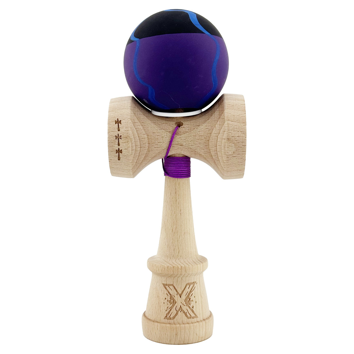 Kendama X Originala, Profesionala, Vivimall, Rubber Grip, Cupe Mari KING SIZE V3, Gaura in Baza, Rulment Metalic, din lemn 18 cm, Ata 55 cm, Special Negru/Mov/Albastru - vivimall.ro