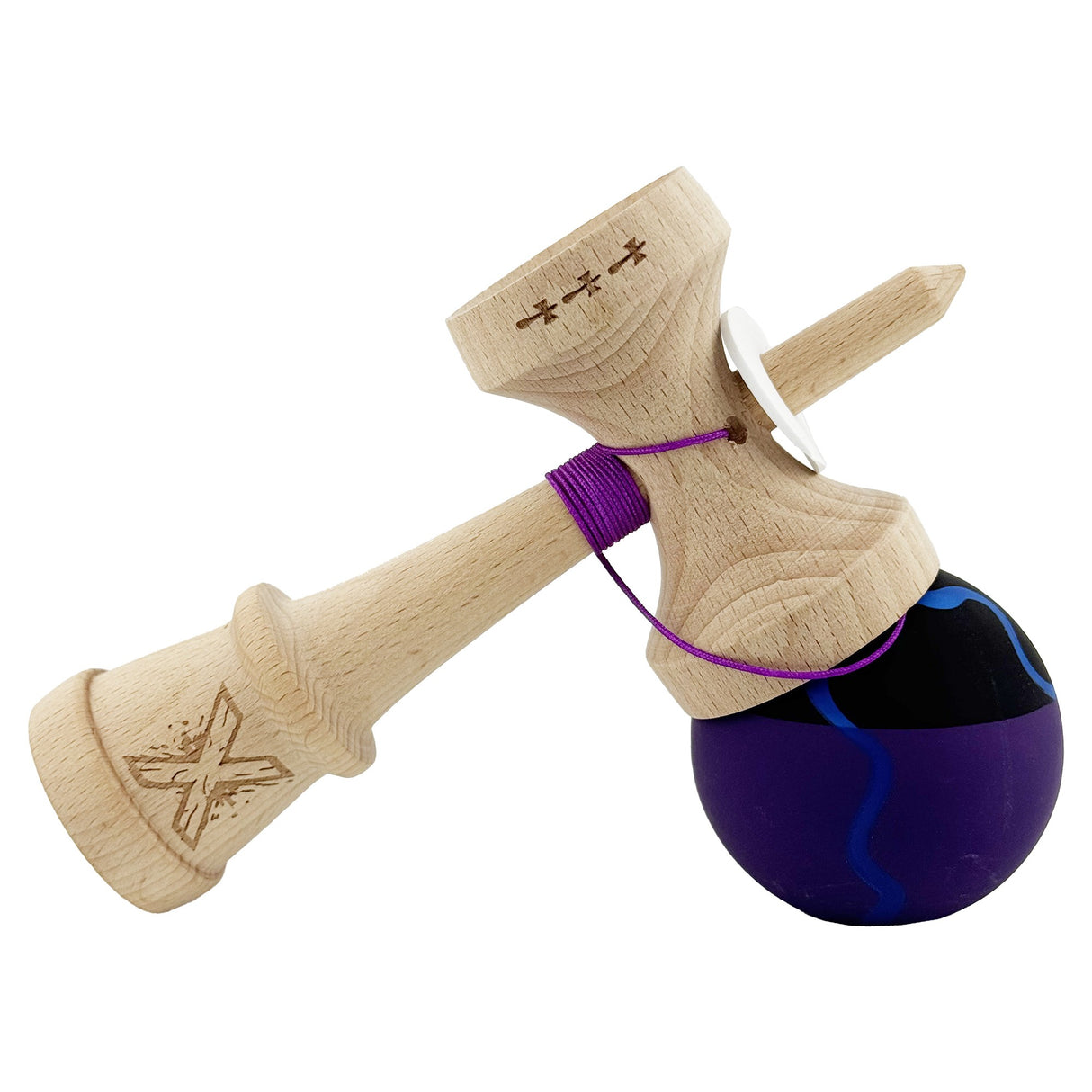 Kendama X Originala, Profesionala, Vivimall, Rubber Grip, Cupe Mari KING SIZE V3, Gaura in Baza, Rulment Metalic, din lemn 18 cm, Ata 55 cm, Special Negru/Mov/Albastru - vivimall.ro