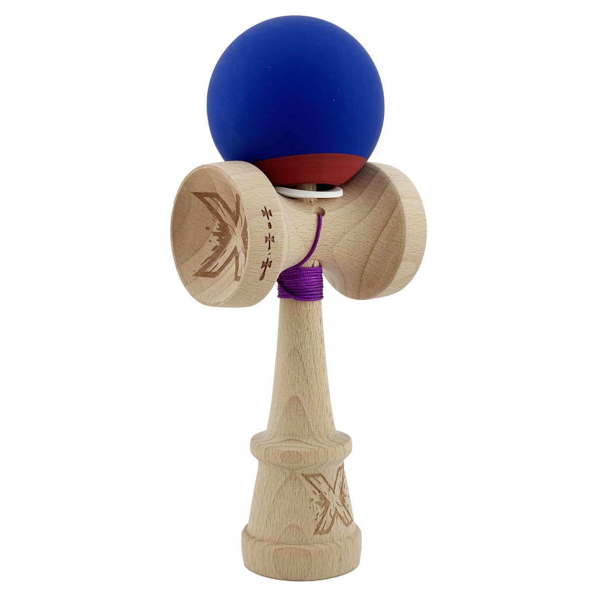 Kendama X Originala, Profesionala, Vivimall, Rubber Grip, Cupe Mari KING SIZE V3, Gaura in Baza, Rulment Metalic, din lemn 18 cm, Ata 55 cm, Bicolor Albastru inchis/Rosu - vivimall.ro