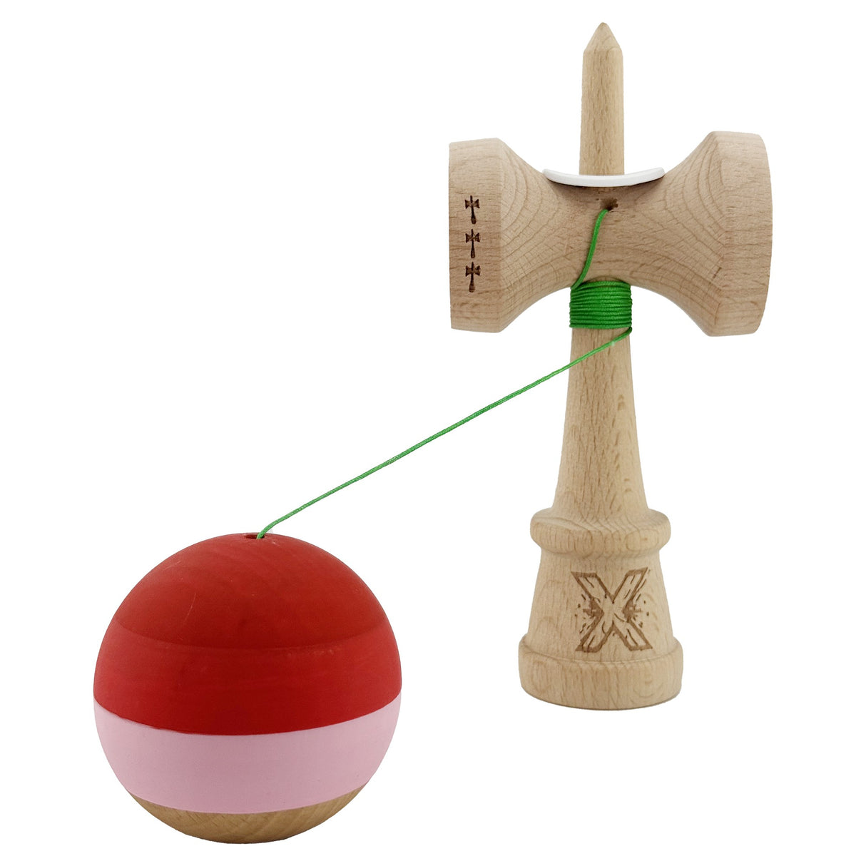 Kendama X Originala, Profesionala, Flippy, Rubber Grip, Cupe Mari KING SIZE V3, Gaura in Baza, Rulment Metalic, din lemn 18 cm, Ata 62/65 cm, Special Rosu/Roz/Maro