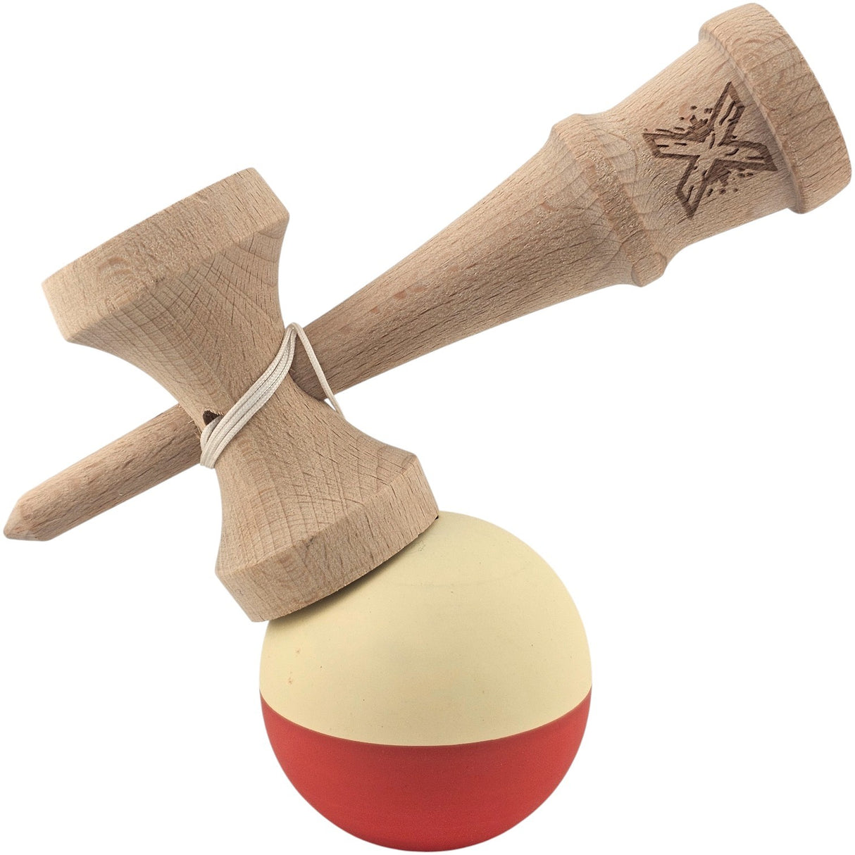 Kendama X Originala, Profesionala, Flippy, Rubber Grip, din Lemn, 18 cm, Galben deschis/Rosu - vivimall.ro