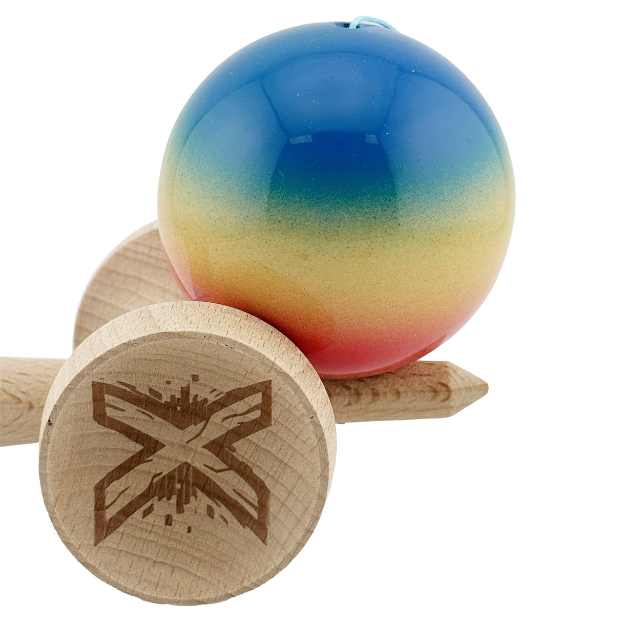 Kendama X Originala, Profesionala, Flippy, Super Sticky cu Cupe Mari KING SIZE V3, Gaura in Baza, Rulment Metalic, din lemn 18 cm, Ata 62/65 cm, Gradient Albastru/Galben/Rosu - vivimall.ro