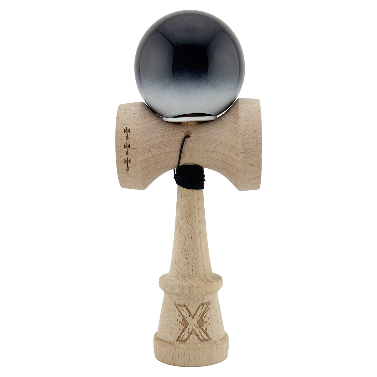 Kendama X Originala, Profesionala, Flippy, Super Sticky cu Cupe Mari KING SIZE V3, Gaura in Baza, Rulment Metalic, din lemn 18 cm, Ata 62/65 cm, Gradient Negru/Alb