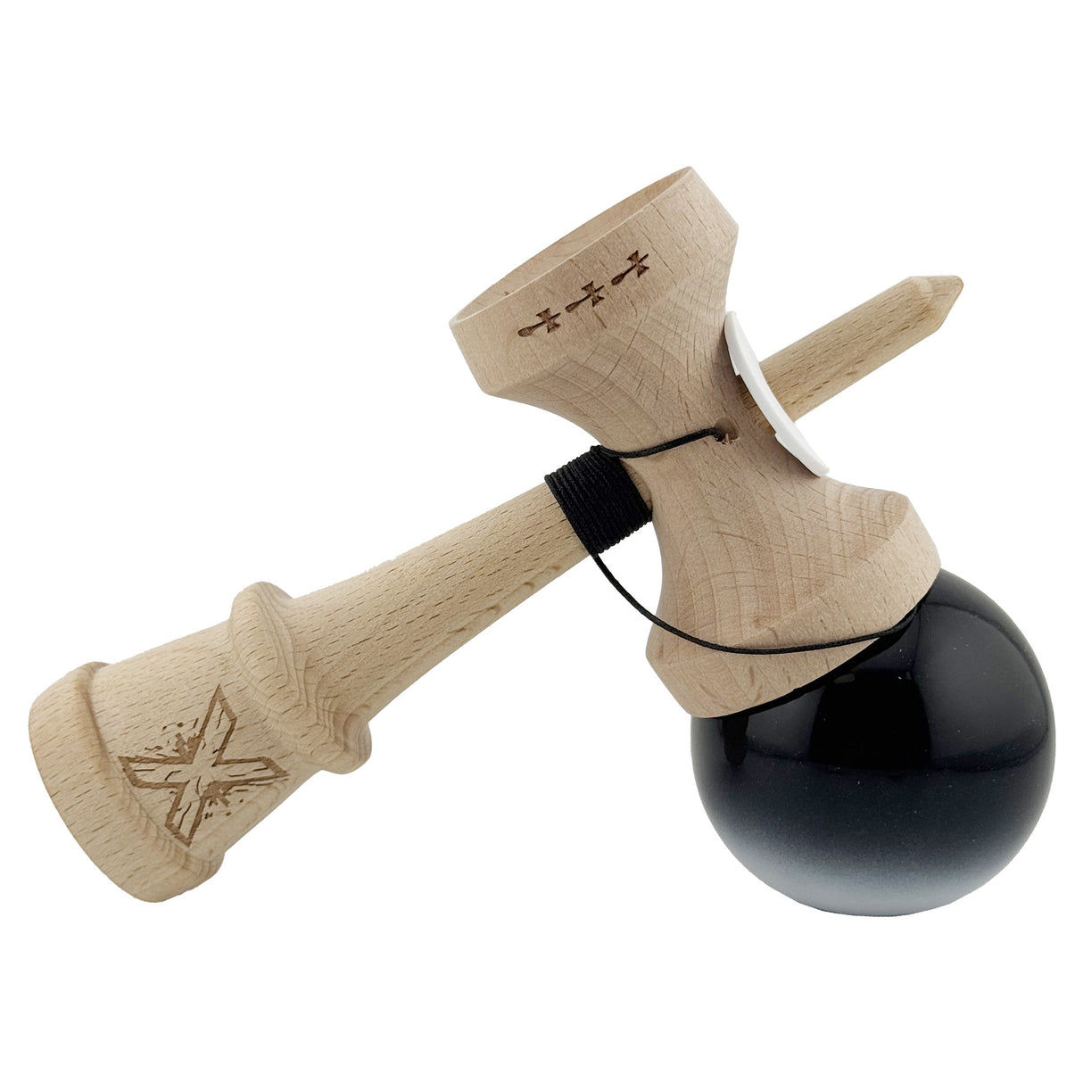 Kendama X Originala, Profesionala, Flippy, Super Sticky cu Cupe Mari KING SIZE V3, Gaura in Baza, Rulment Metalic, din lemn 18 cm, Ata 62/65 cm, Gradient Negru/Alb