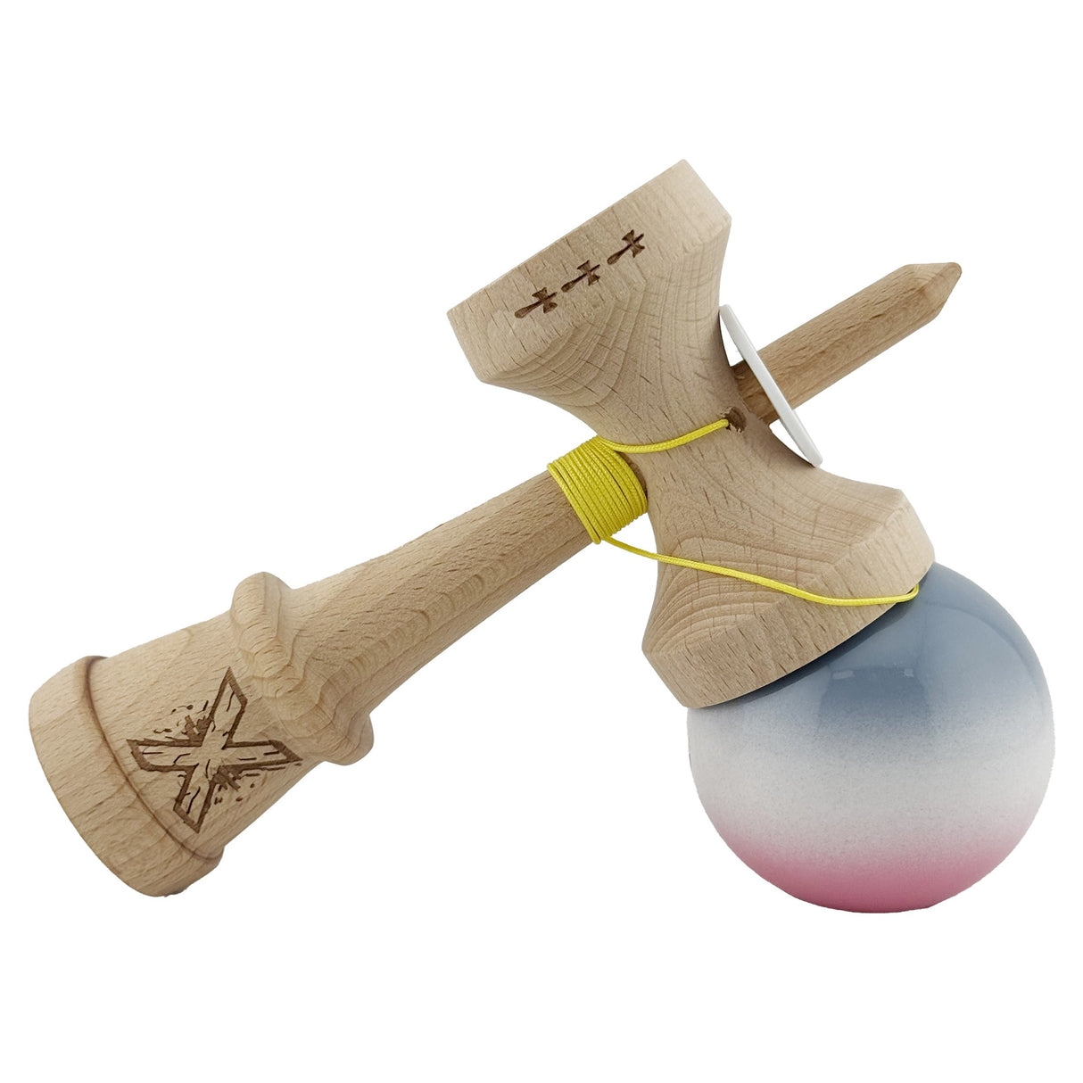 Kendama X Originala, Profesionala, Flippy, Super Sticky cu Cupe Mari KING SIZE V3, Gaura in Baza, Rulment Metalic, din lemn 18 cm, Ata 62/65 cm, Gradient Gri/Alb/Roz - vivimall.ro