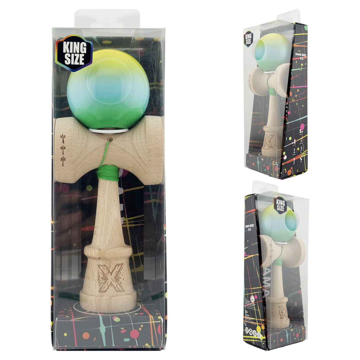 Kendama X Originala, Profesionala, Flippy, Super Sticky cu Cupe Mari KING SIZE V3, Gaura in Baza, Rulment Metalic, din lemn 18 cm, Ata 62/65 cm, Gradient Galben/Albastru/Verde - vivimall.ro
